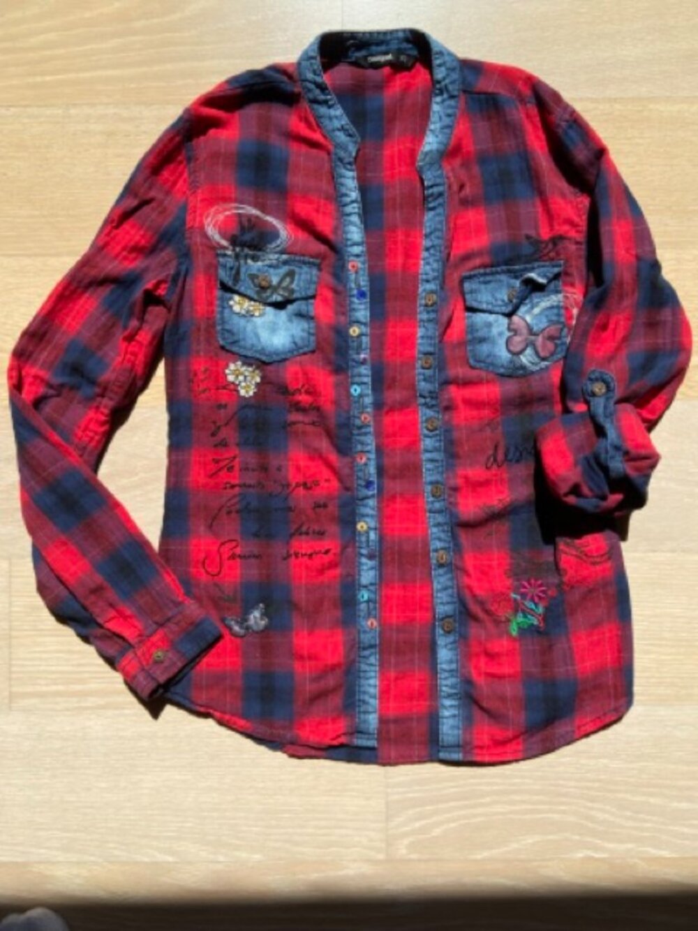 Desigual Red/Blue plaid shirt, size:XS, embroideries and graphics, with denim